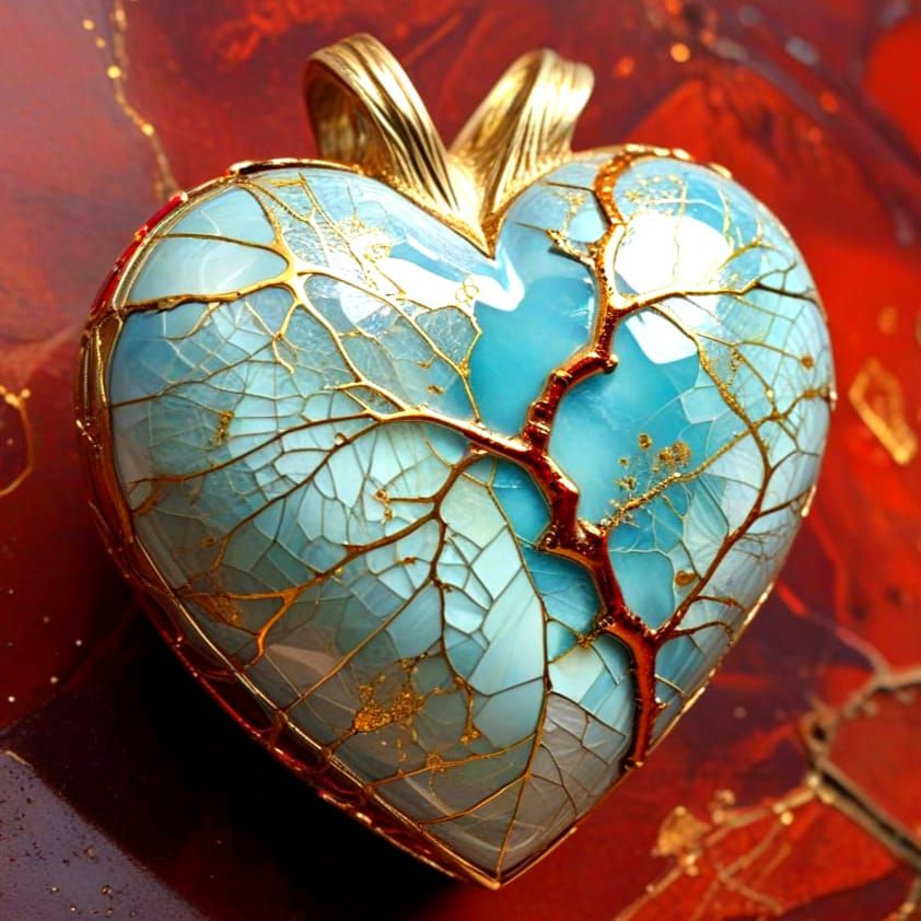 Beautiful heart pendant jewelry: glossy nacre that has cracks, broken and been fixed with the gold kintsugi.  by @Peregrine Falconer