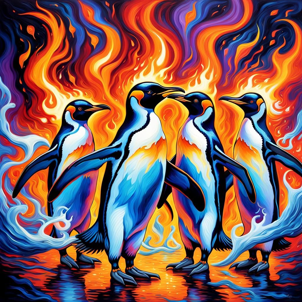 Penguins Dancing on Flames: Surreal Oil Painting
