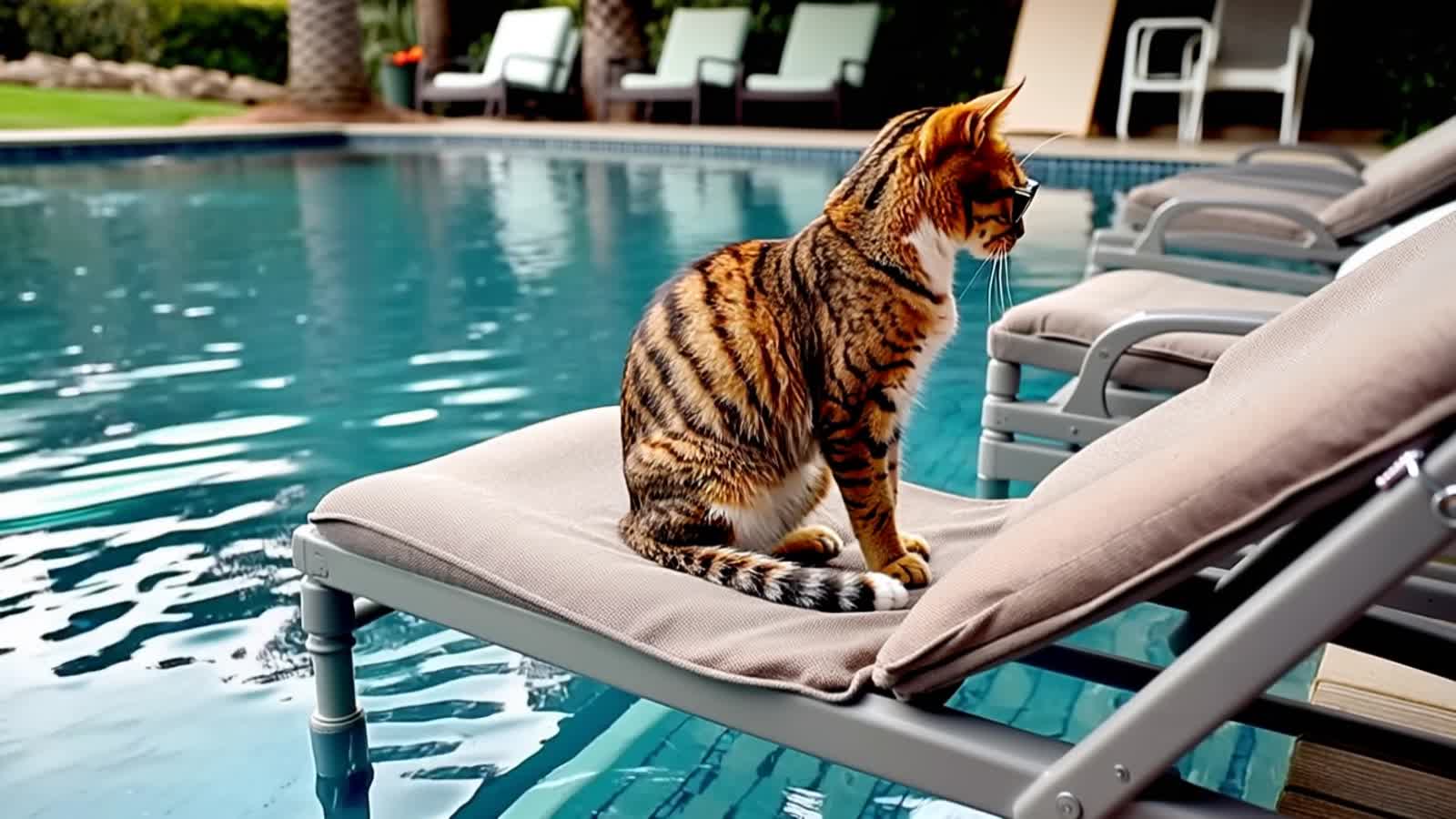 A cat wearing sunglasses by the pool