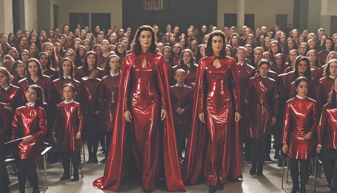 young Cote de Pablo dressed in  red reflective latex is a st...