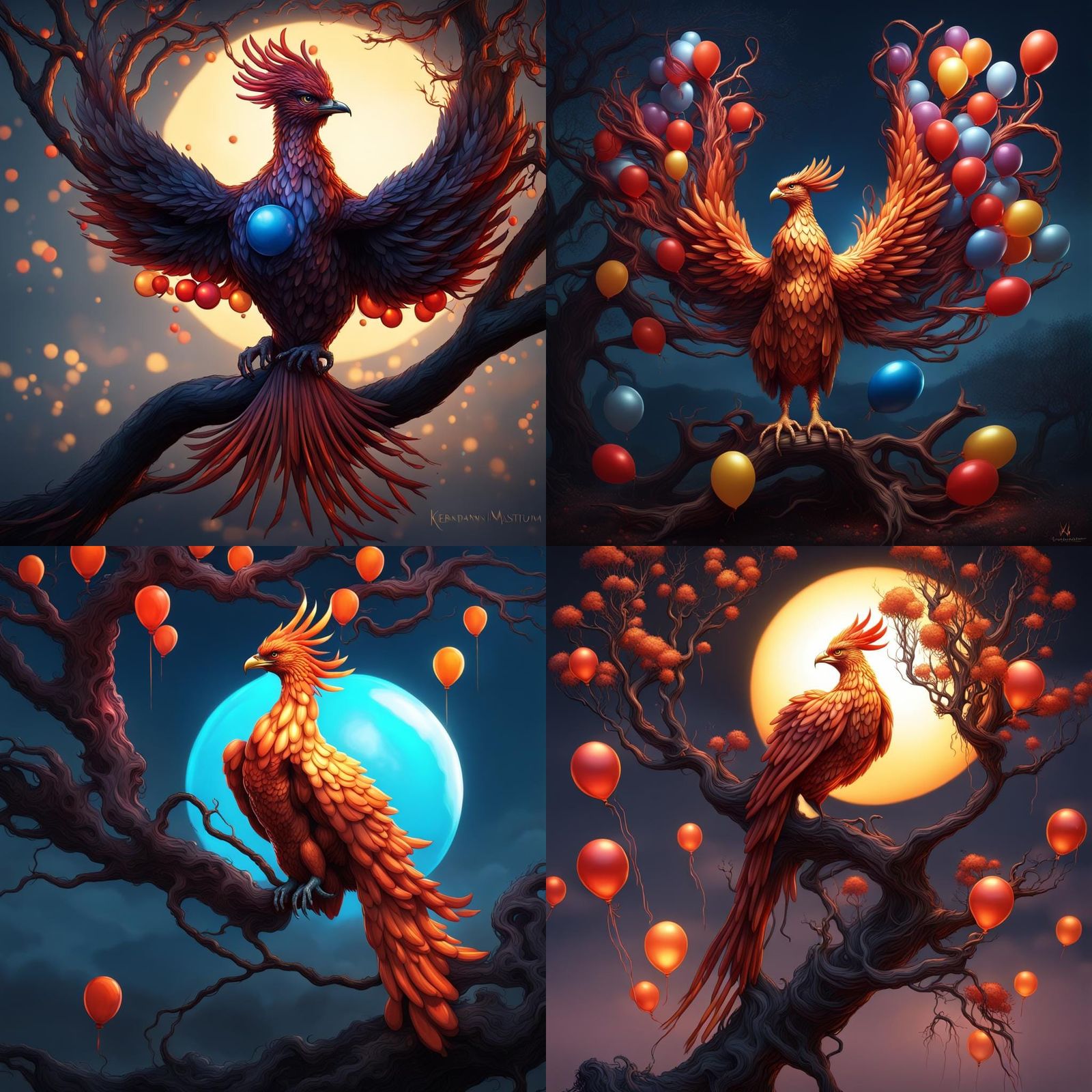 A great phoenix made out of balloons sitting on a balloon tree branch