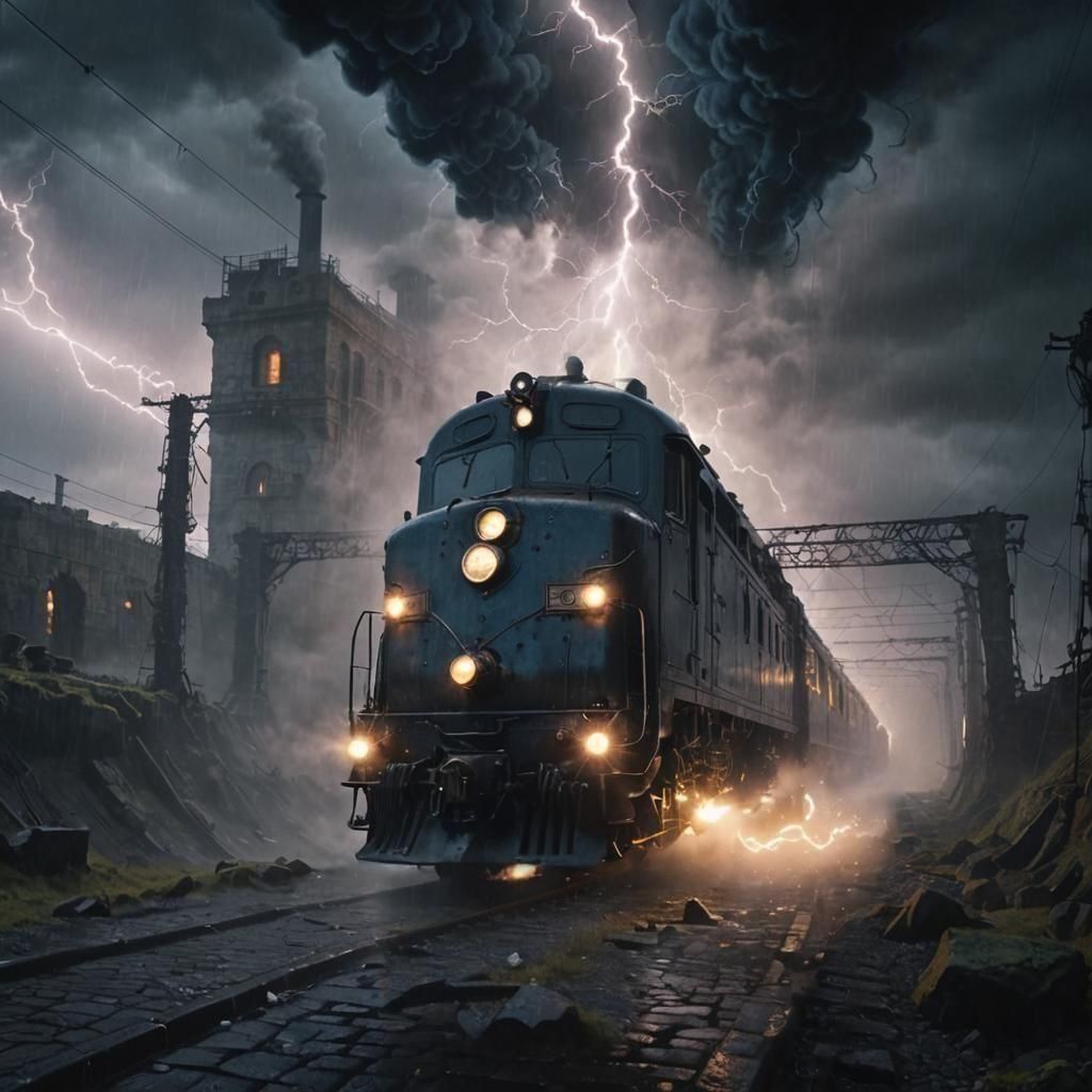 Modified steam engine. arcing elctricity. Tesla coils. riding lightning rails. Dark Gothic