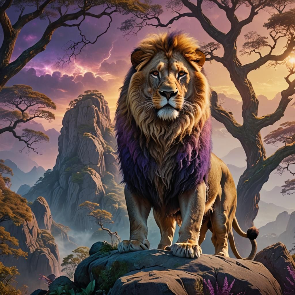 Majestic Lion Overlooking Mystical Landscape