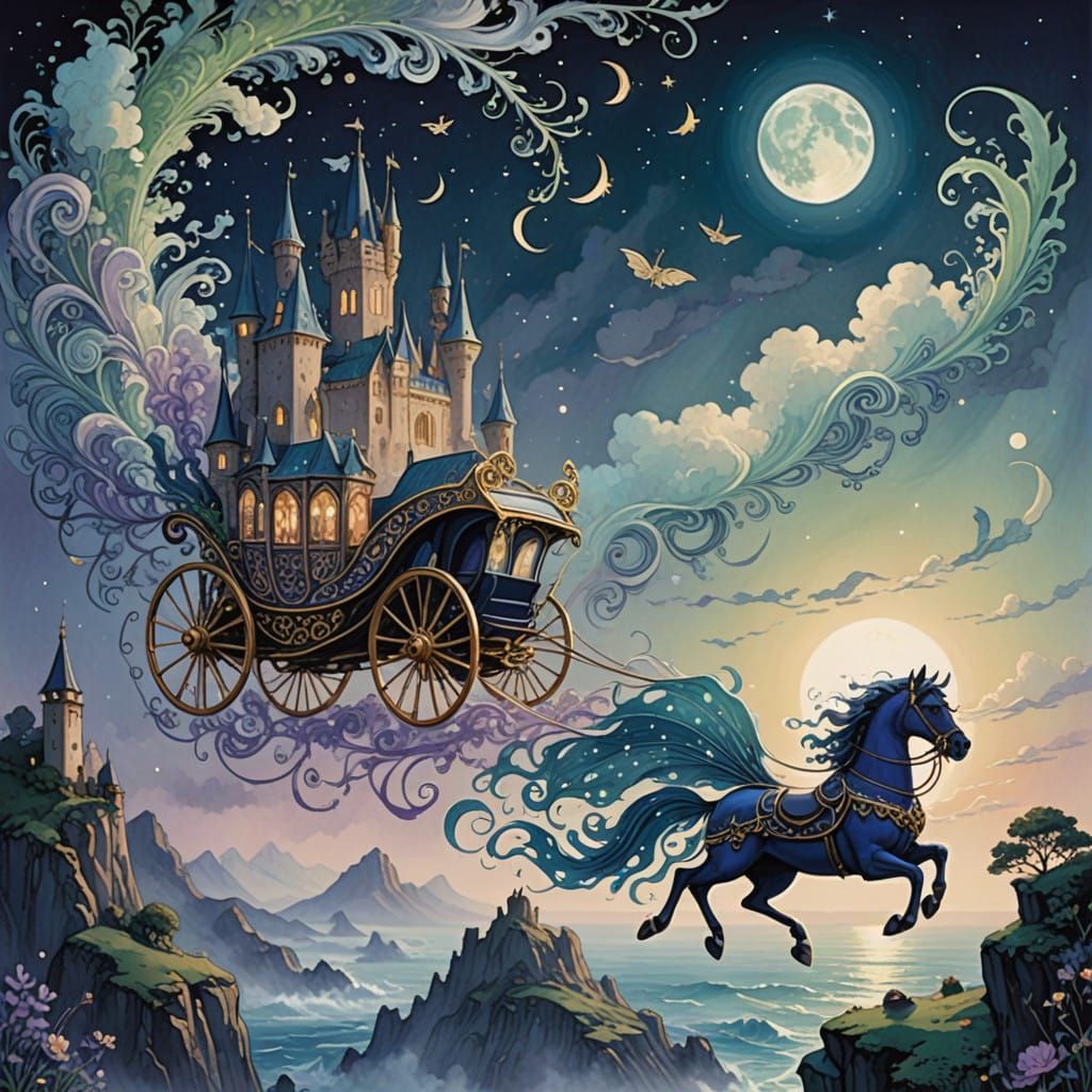 Regal Sea Creatures Pull Ornate Carriage Through Cosmos