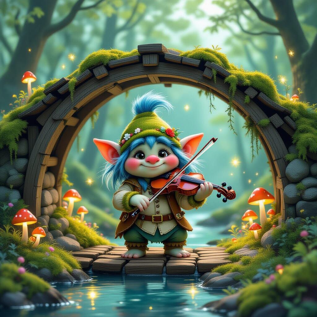 A moss-covered troll playing a tiny violin under a rickety old bridge in a whimsical forest. The troll ...  by @Alex