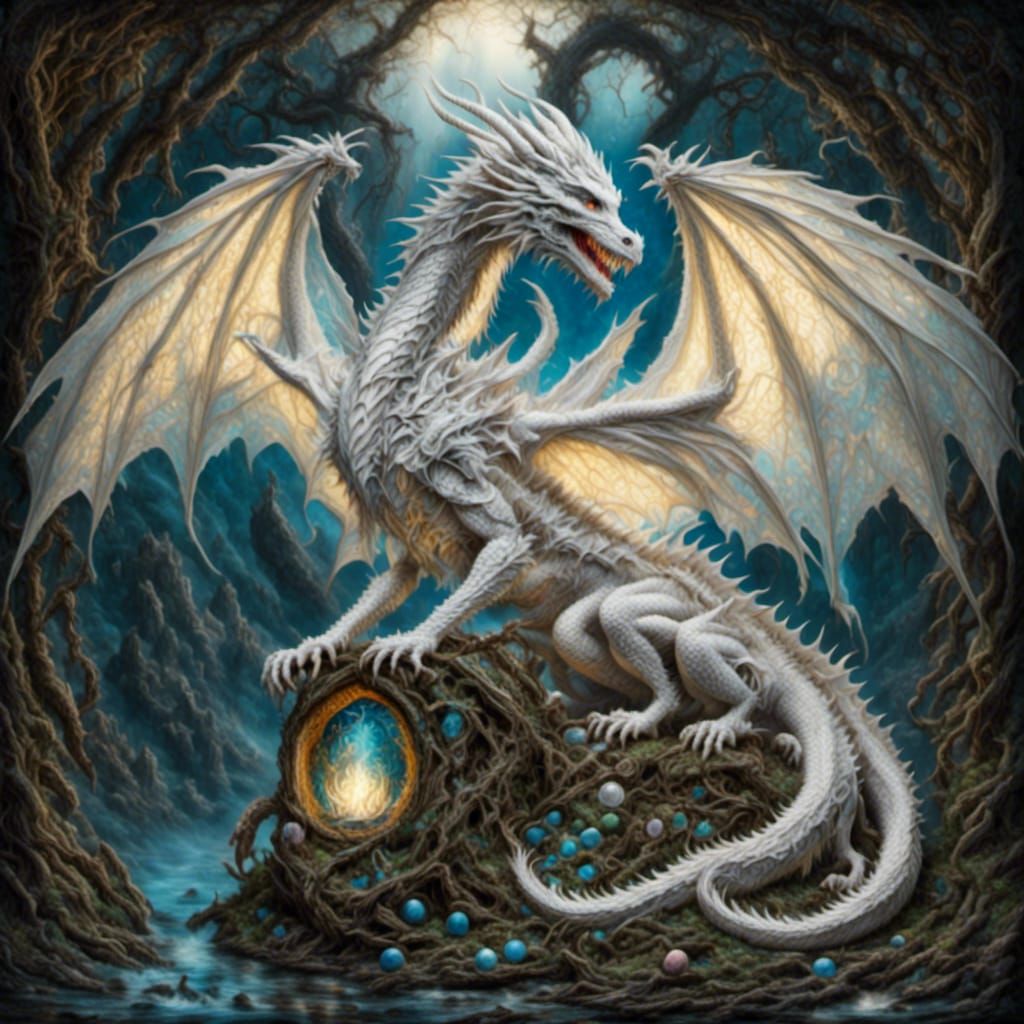 Luminous Mother Dragon Protecting Her Sparkling Eggs