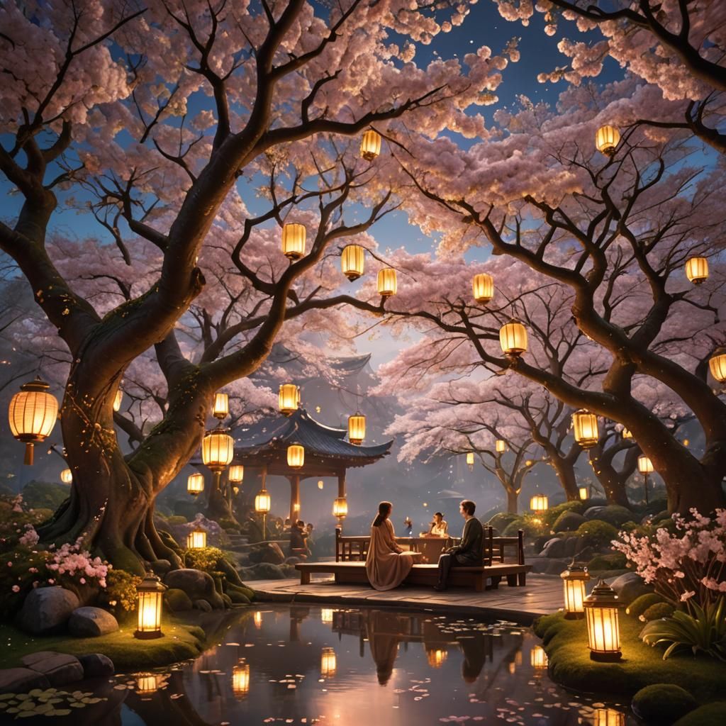High fantasy epic elven garden of cherry blossoms, golden garden room, cherry blossoms, asian inspired, scenic background, high detail, high...