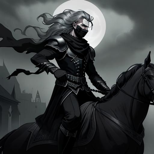 A man with pale skin and long hair, riding a giant wolf. Dark background with full moon. Fantasy art,