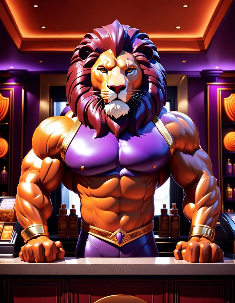 muscled lion-headed bodybuilder concierge behind the counter...