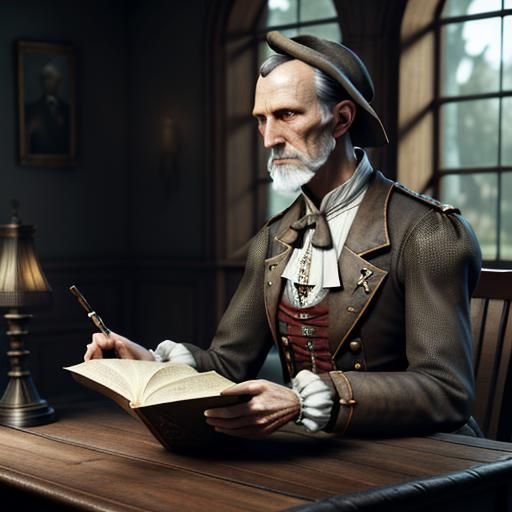 A German Shorthair Pointer dressed in colonial clothing, reading ar a ...