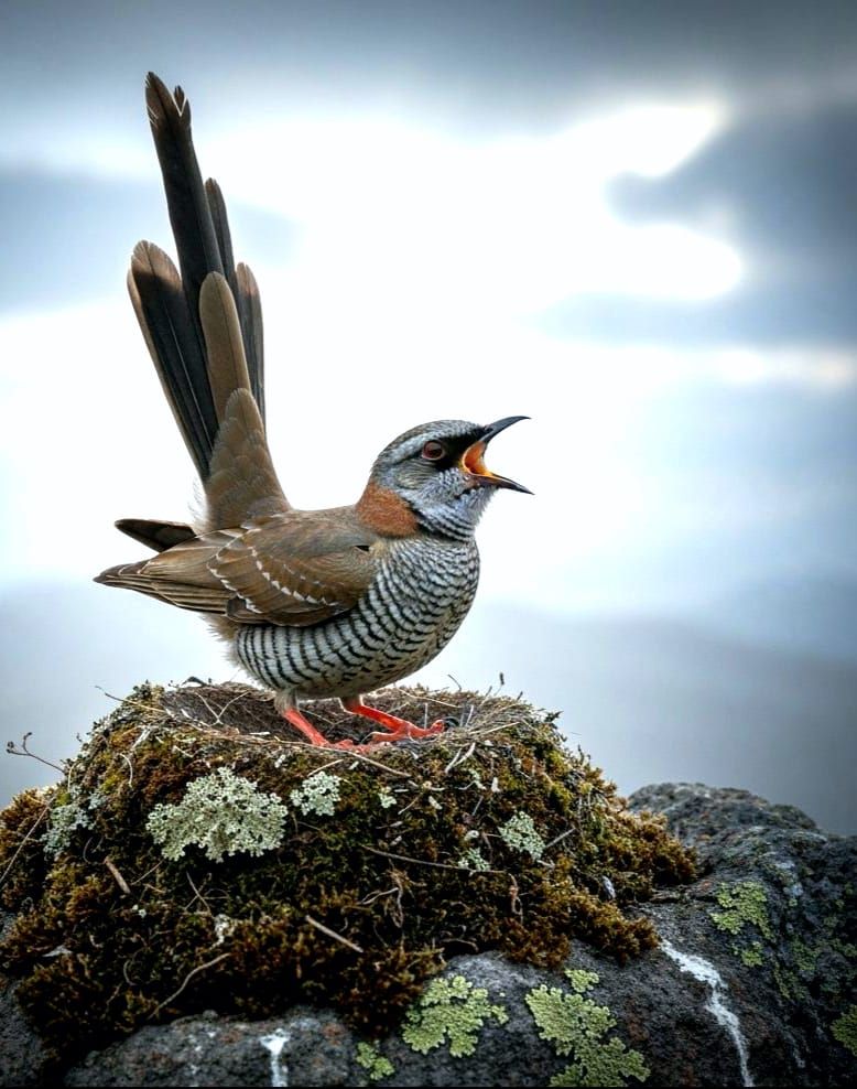 Highly realistic  lyrebird" on its nest on a mound on the ground.  He is in full courtship display. ...  by @drdawn