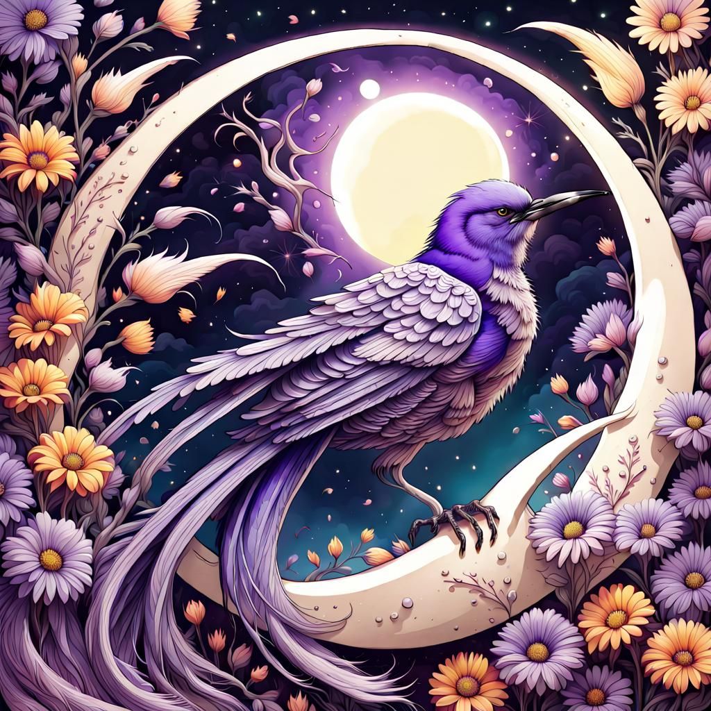 "Amazing epic violet bird with long flowing tail on crescent of flowers, fun moon background, insanely ...  by @KrystofM75