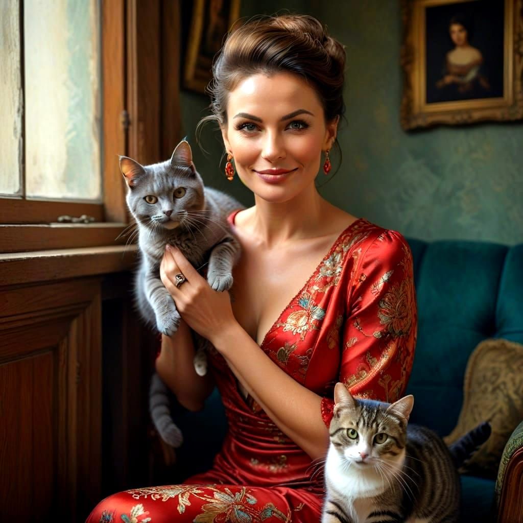 Elegant Lady with a Cat in a Vibrant Outfit