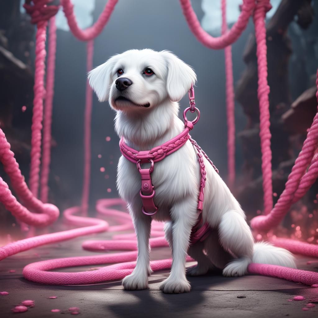 Create a white dog with a pink leash sitting