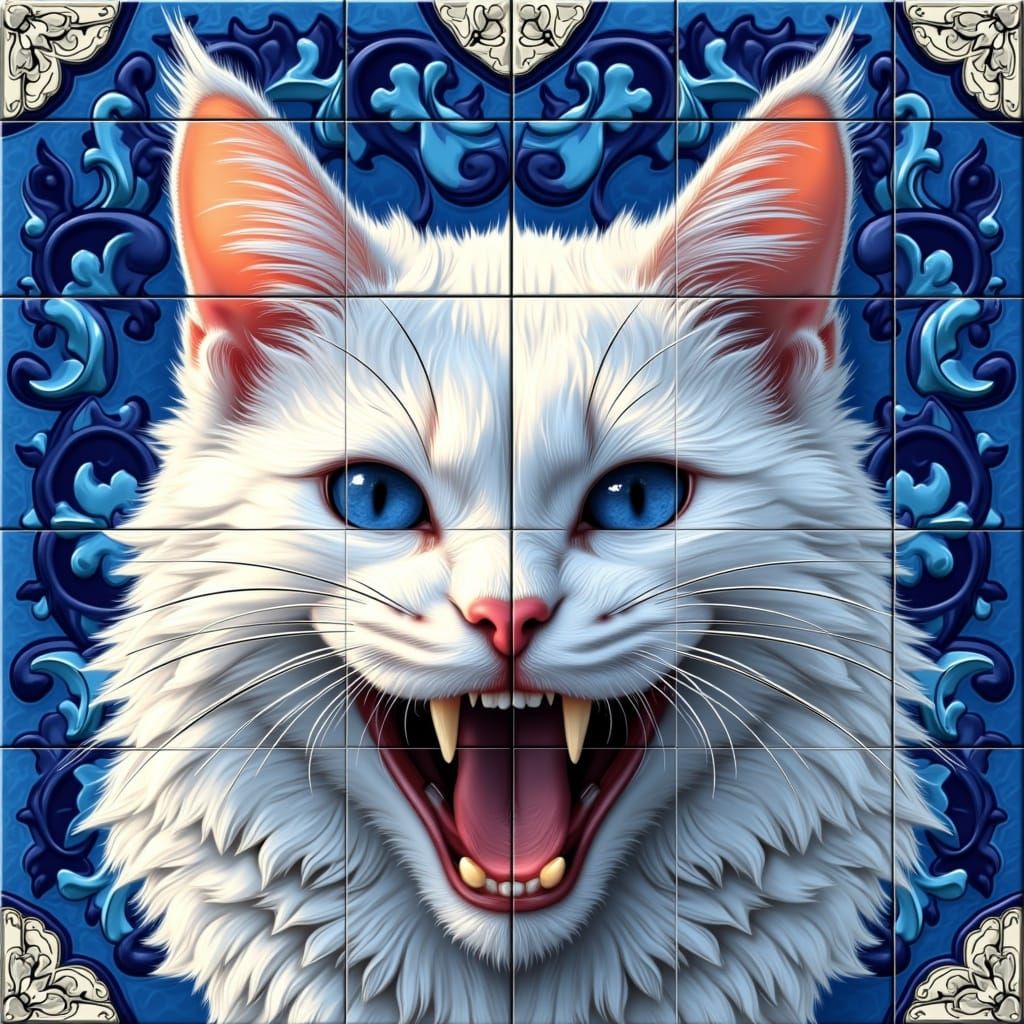 <lora:Azulejo Flux:1.0> A symmetrical mosaic of azulejo blue tiles depicting the face and head of an angry white cat with long fur, photore...
