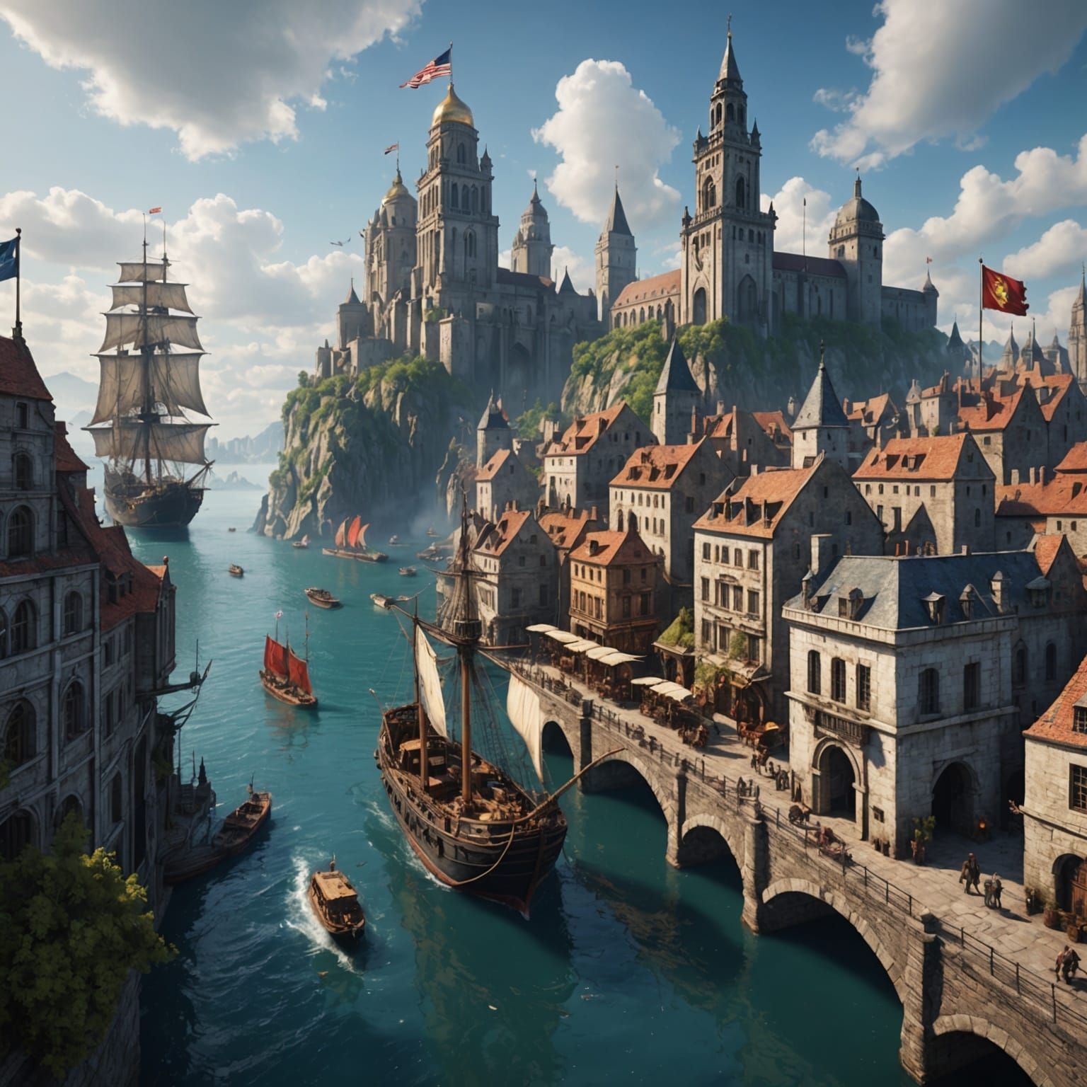 a great city built on a high landbridge between two diverse continents, white walls and towers, flags, ...  by @undefined