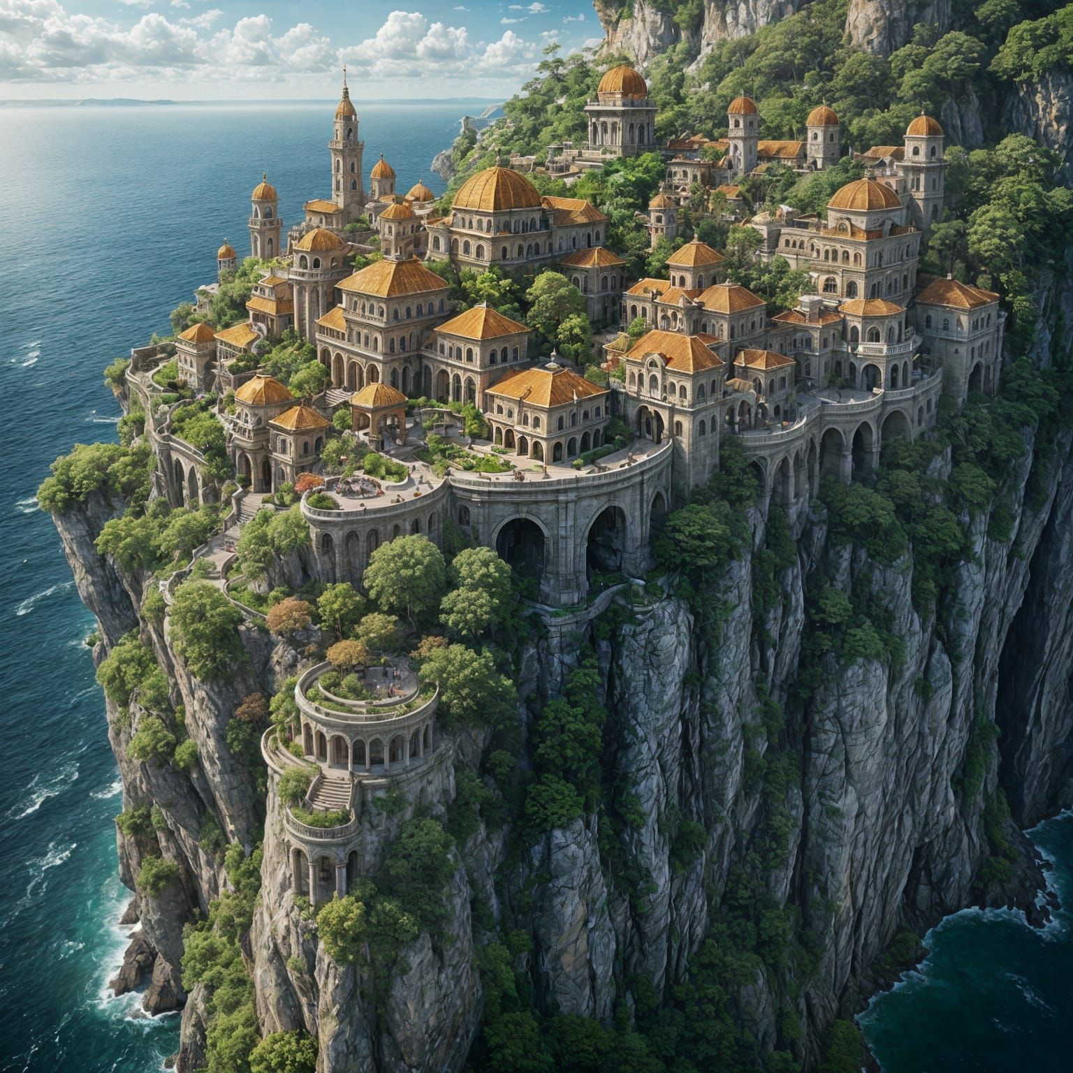 An expansive aerial view of a magnificent cliffside city   by @theArchairez