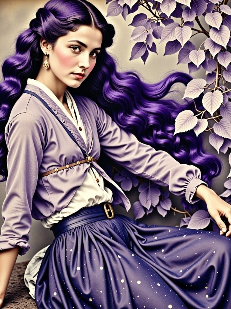 A woman with purple hair in the style of in the style of Hokusai <lora:Old photo-portrait2:1.0> vintage 