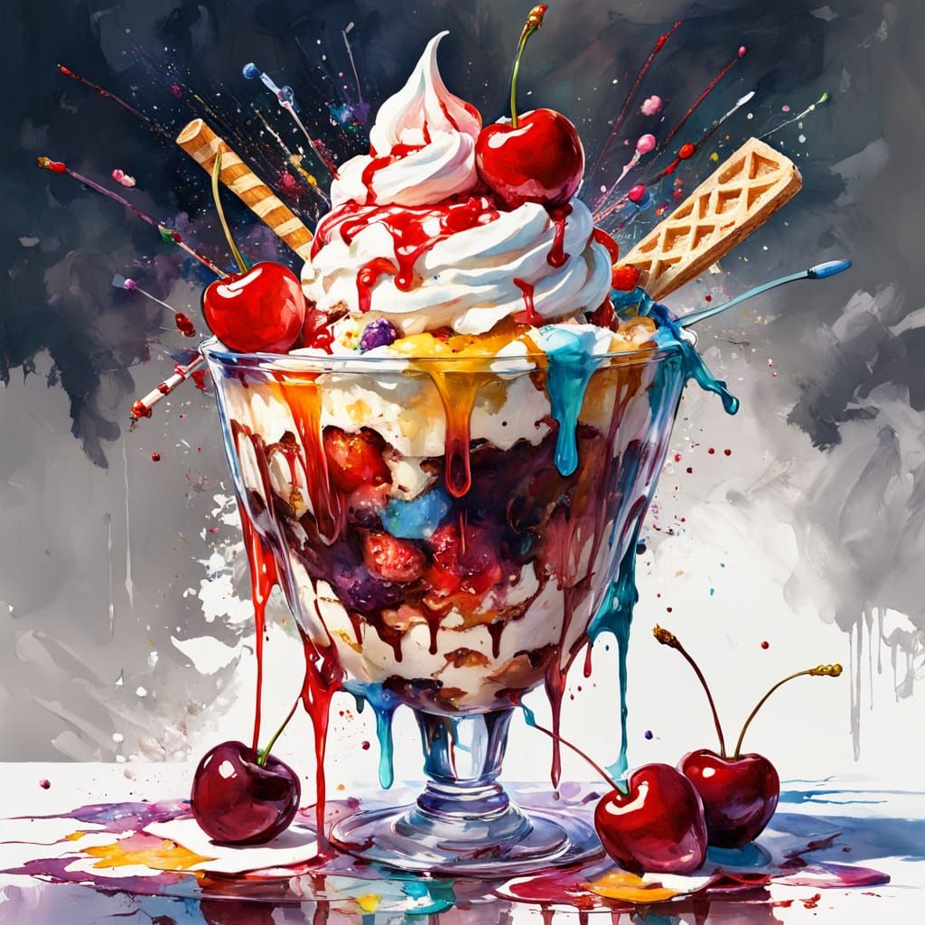 Cherry icecream sundae dripping with syrup and sprinkles. By Michael Garmash, Pino Daeni, Spiriling Double ...  by @MrKitWalker