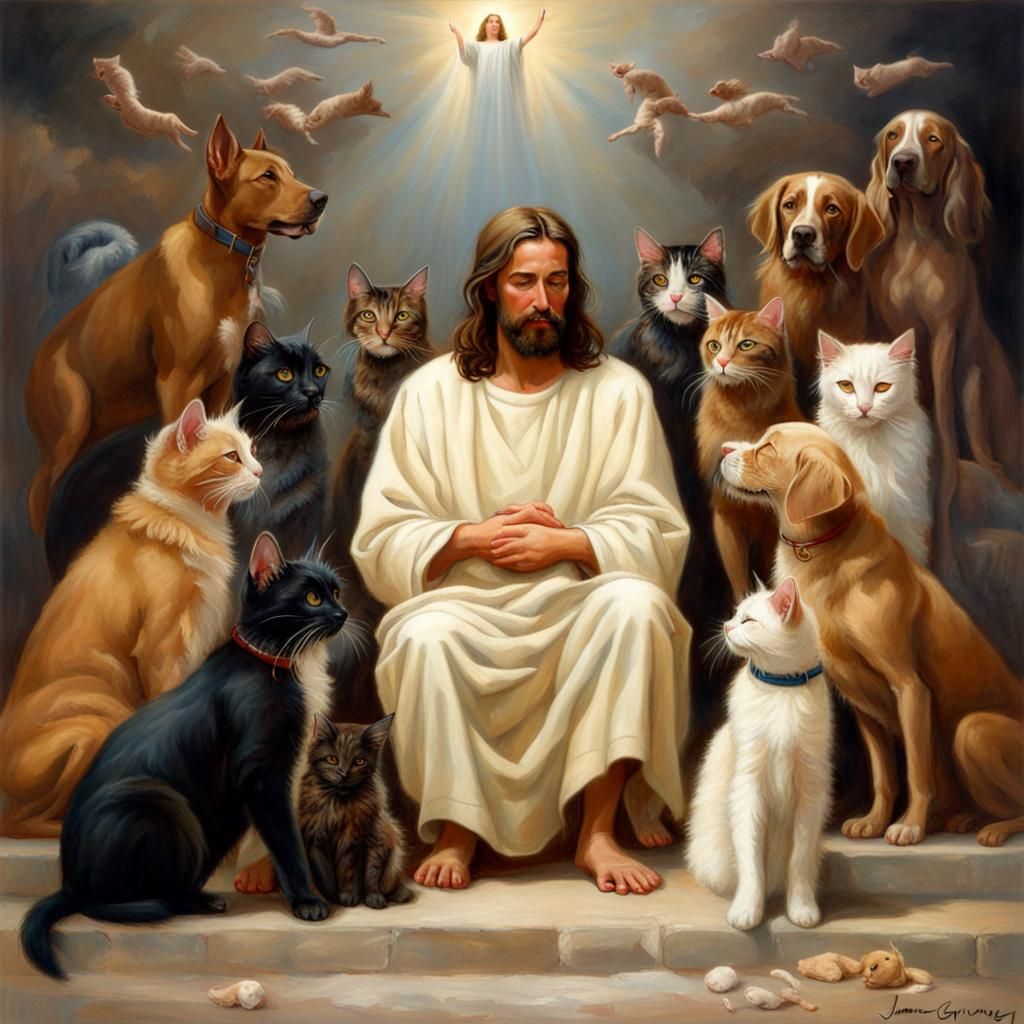 Jesus in heaven with cats and dogs - AI Generated Artwork - NightCafe ...