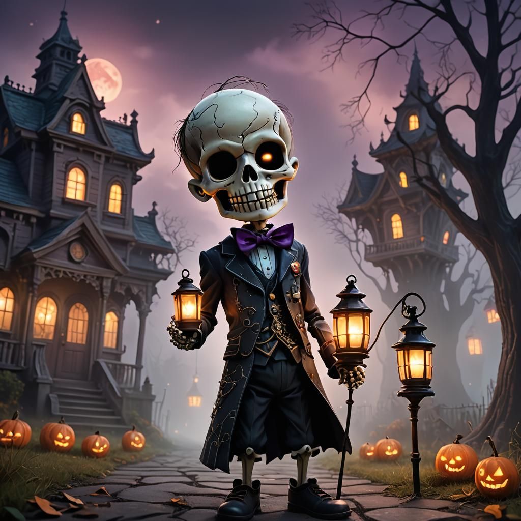 A small, chibi-style skeleton wearing a cute bowtie and holding a little lantern, standing in front of ...  by @Ycw