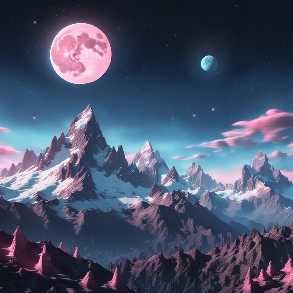 two full moons rise over the mountain peaks in the clear night sky and illuminate everything around with a soft pink-blue light