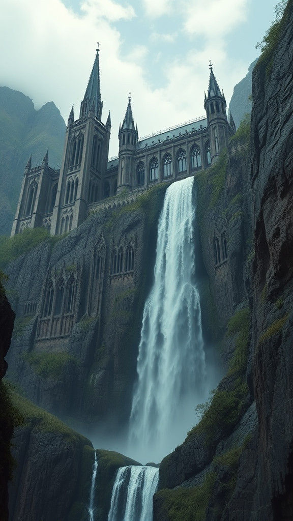 An Amazing Immense Gothic Cathedral/Castle Built Into a Cliff with a Natural Waterfall Flowing Out of the Middle Of It, ominous photoillustr...