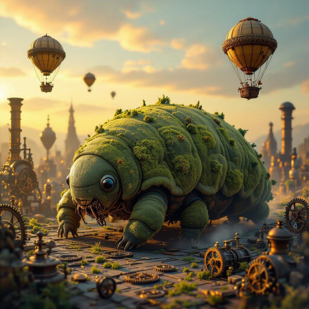 A colossal, moss-covered tardigrade lumbering through a miniature city built from discarded clockwork ...  by @KRAFTY