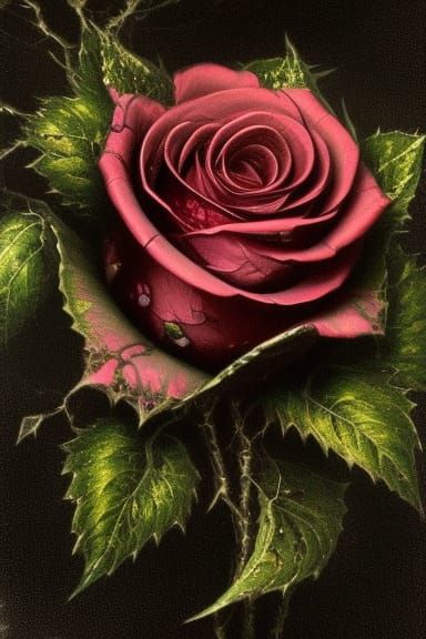 black rose under a glass flask, black rose, sunset, oil pain...