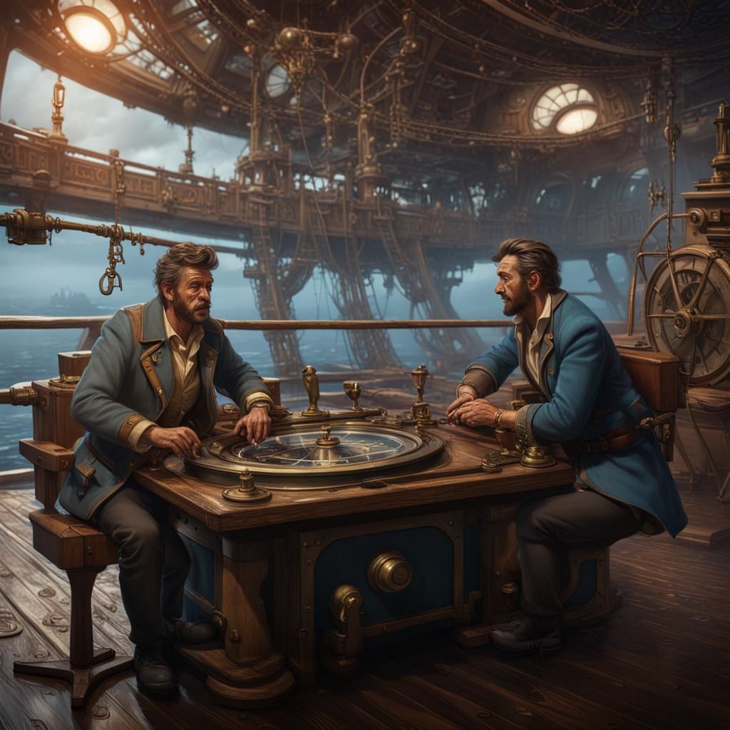two guys, ship deck 1970, war, time travelers, compass