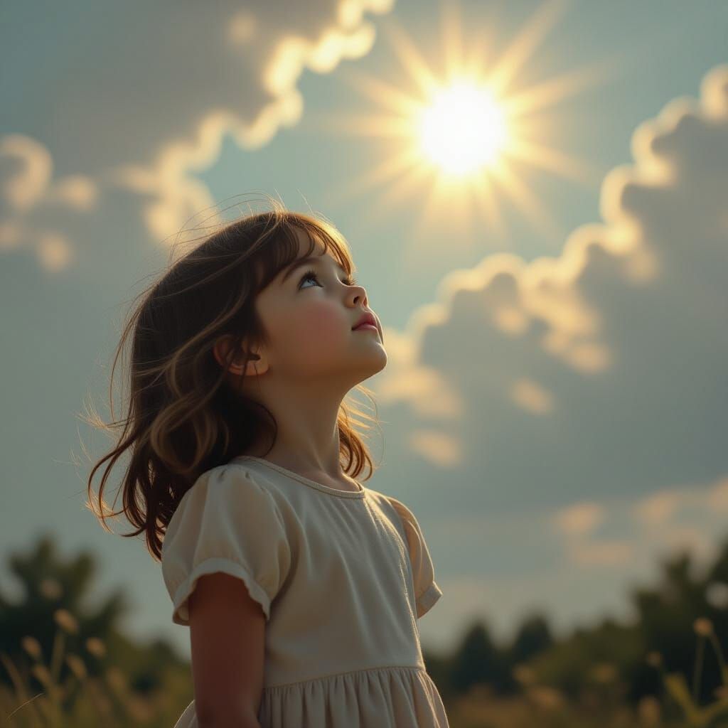 Girl Gazing at Sun in Hyperrealistic Style