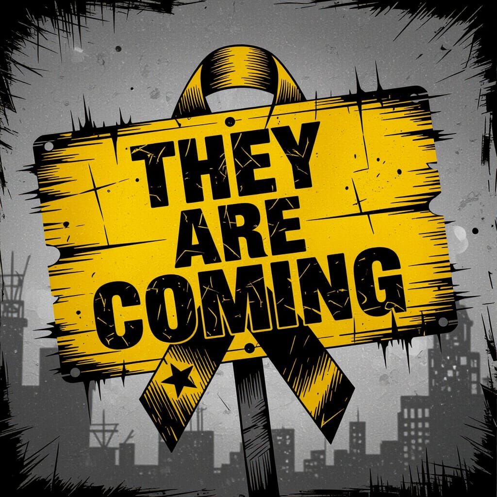 They Are Coming Text on Distressed Ribbon