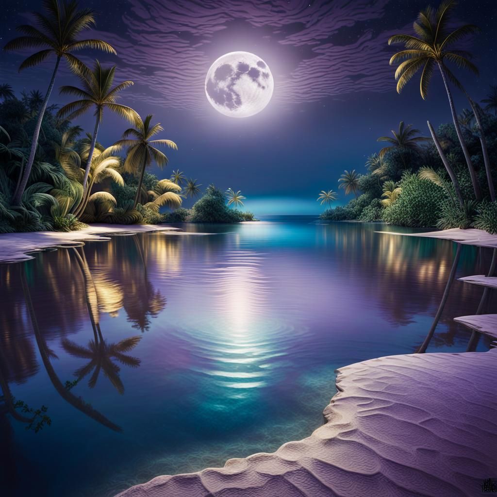 A tropical lagoon at night.   by @Mr_Purple