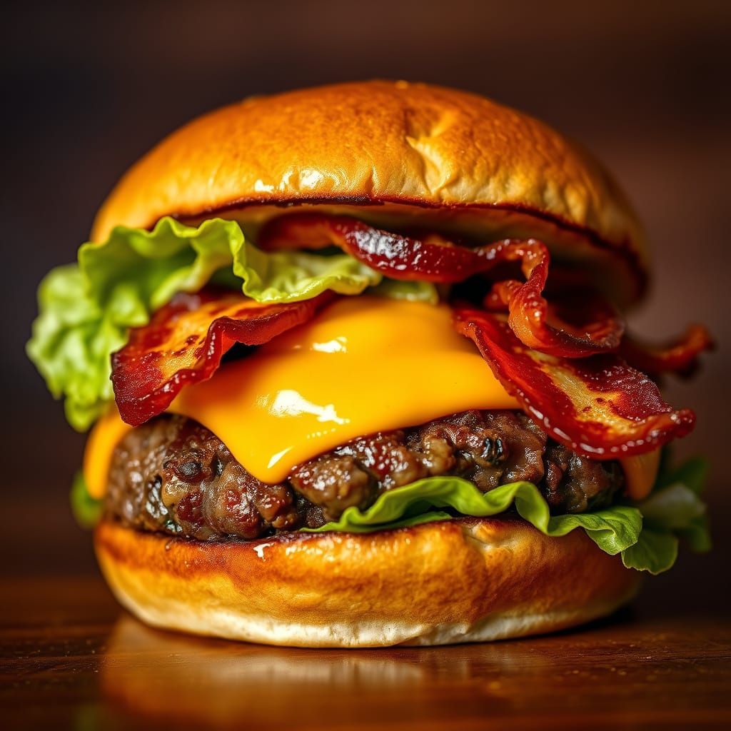 Closeup of a greasy cheeseburger   by @Grace