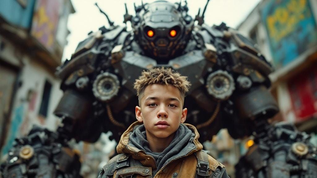 The mute boy uses gang sign language to communicate his name, while the towering robot mimics the boy's movements in the background
