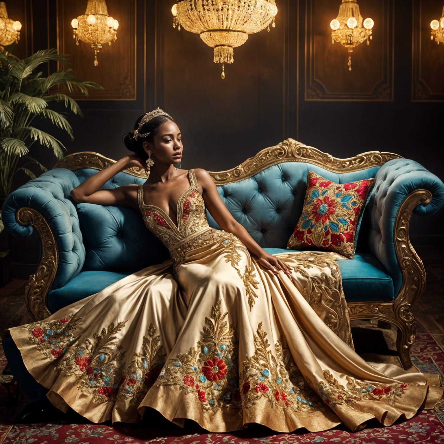 Glamorous Multicultural Goddess in Opulent Embroidered Gown