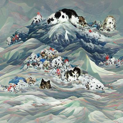 Snowy mountain covered in cats and dogs 