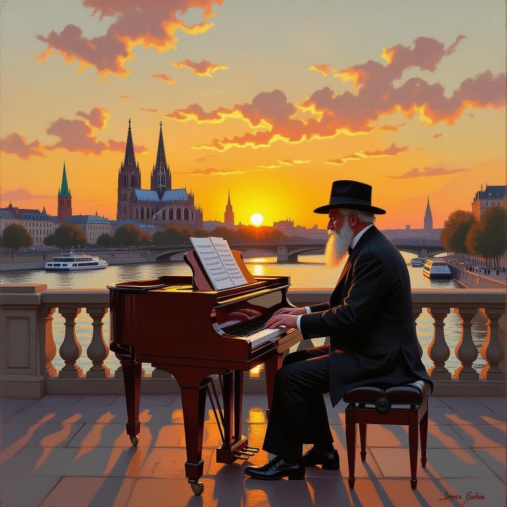 Man Plays Piano Under Bridge with Eiffel Tower