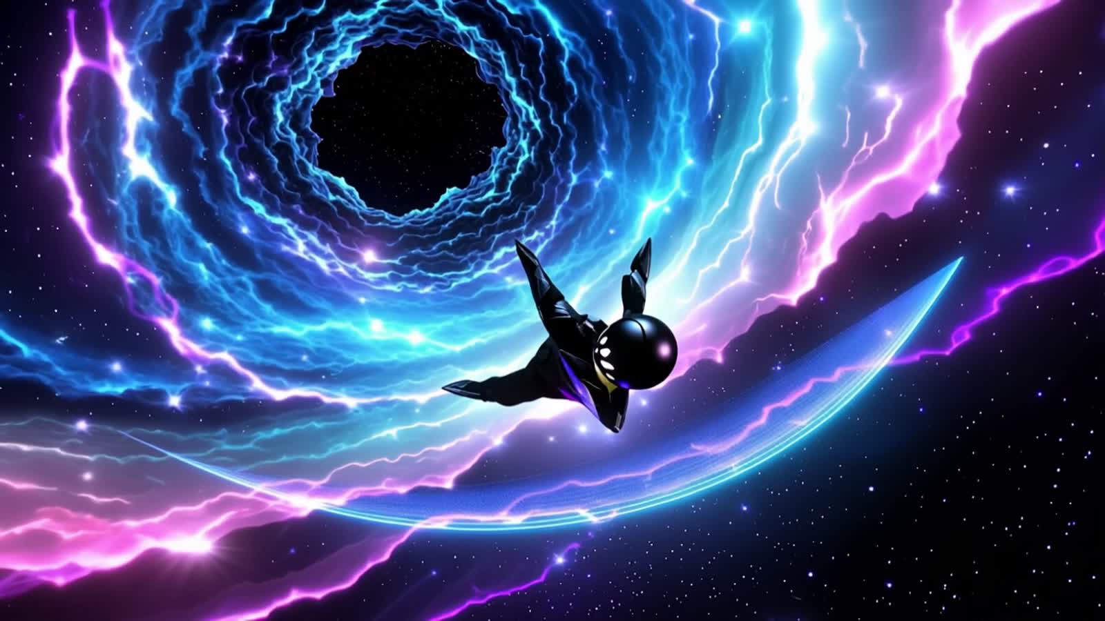 Outer space starfield with colorful nebula clouds swirling, glowing asteroid belt orbiting, futuristic gamer avatar silh...