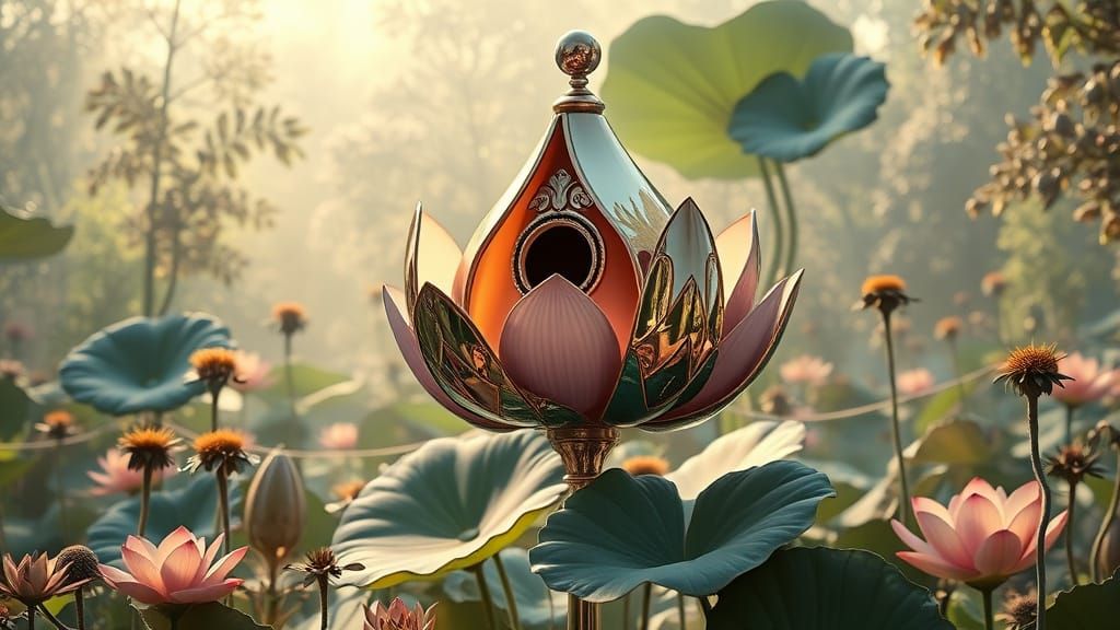 Art Nouveau. Long shot. A birdhouse shaped like a blooming lotus flower stands in a surreal garden. Every ...  by @Moonflowerrose
