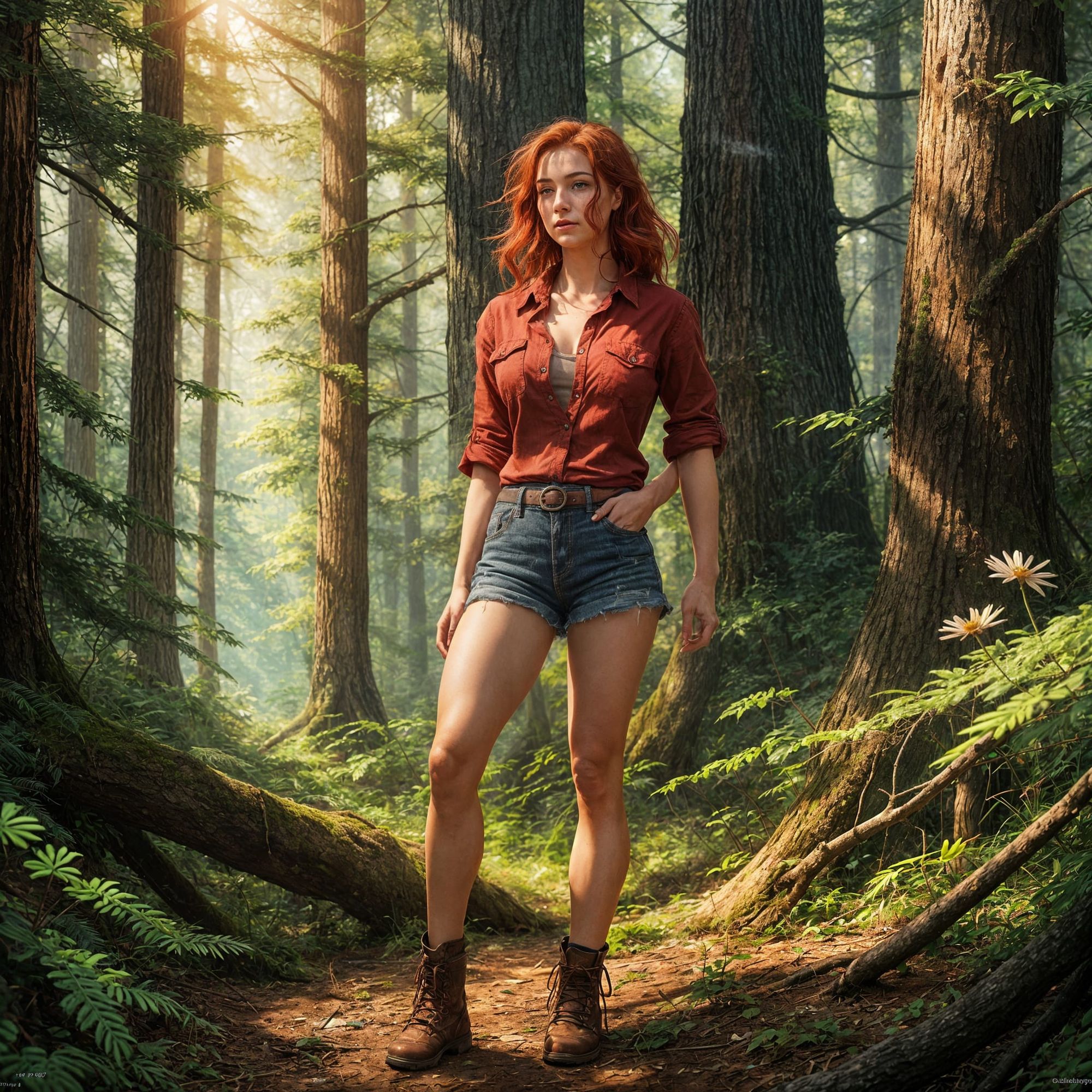 red-haired girl in tiny ragged daisy-duke shorts. She is wearing an unbuttoned red shirt open at the front that barely covers her. She is in...