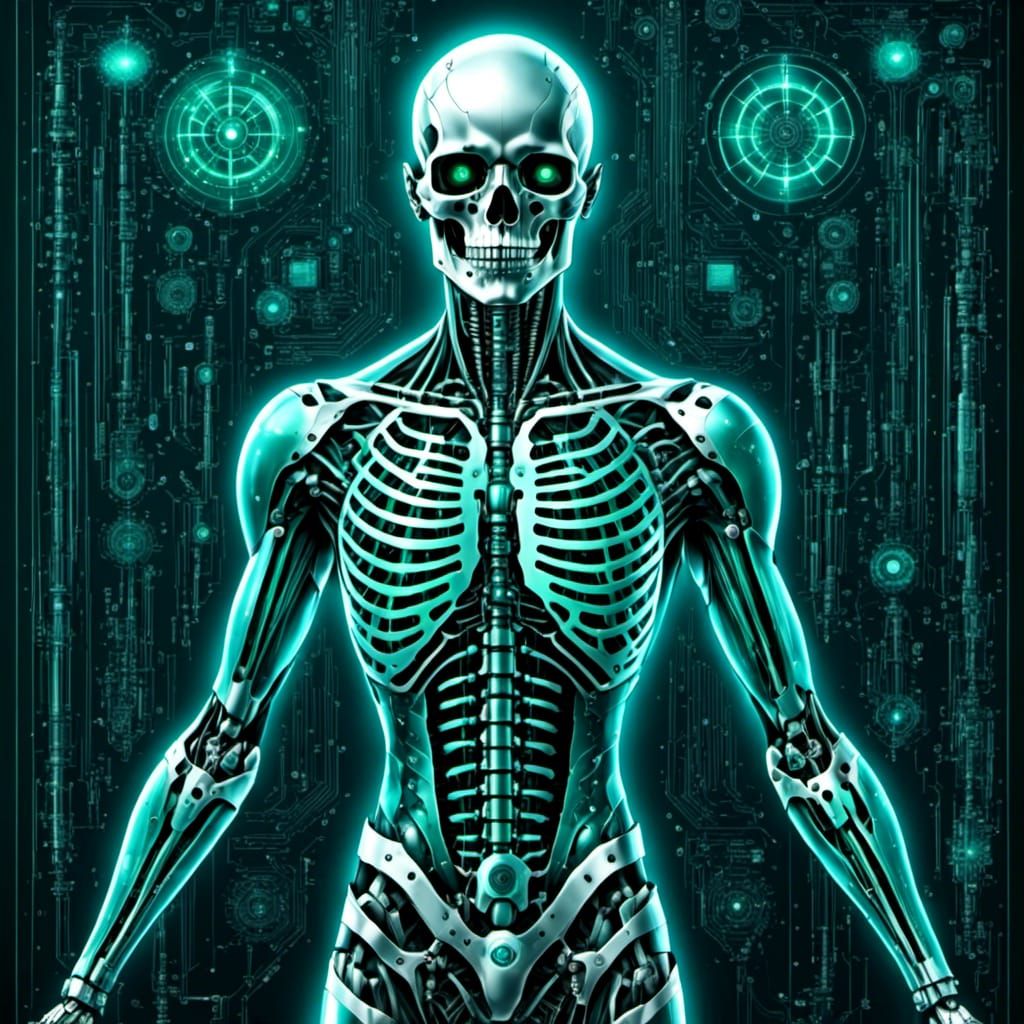 <lora:CyberPhunk:1.0> Creepy running skeletal robot Anime MAPPA Style action key image, <lora:Dem Bones:1.0> multilayered  green eyes, Insan...