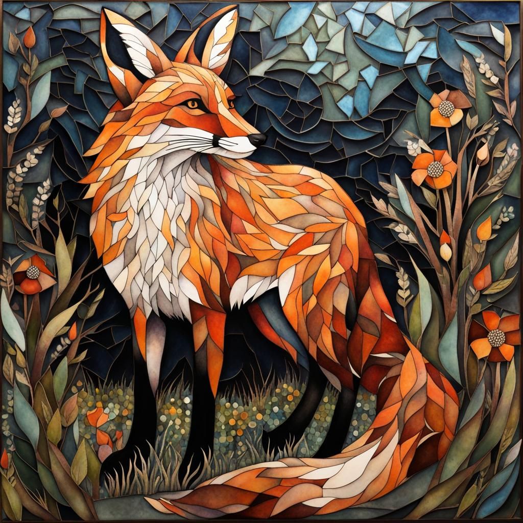 Fox and Hare ink and watercolour  mosaic powerful moody  by @Caroline