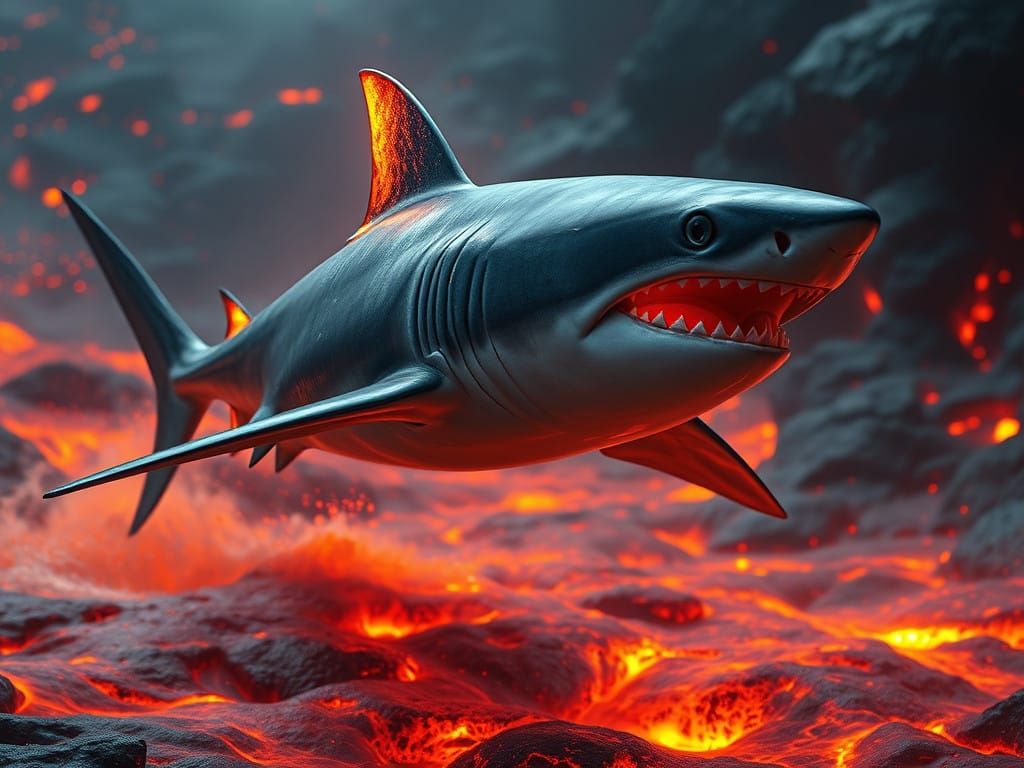 (A shark with glowing lava fins swimming through molten lava), (++shark