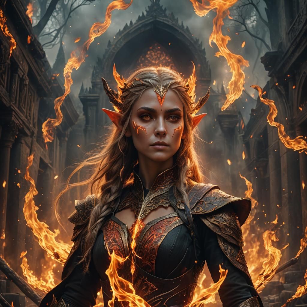 A portrait of a fire elf with flames circling around her.   by @Ditzblnde