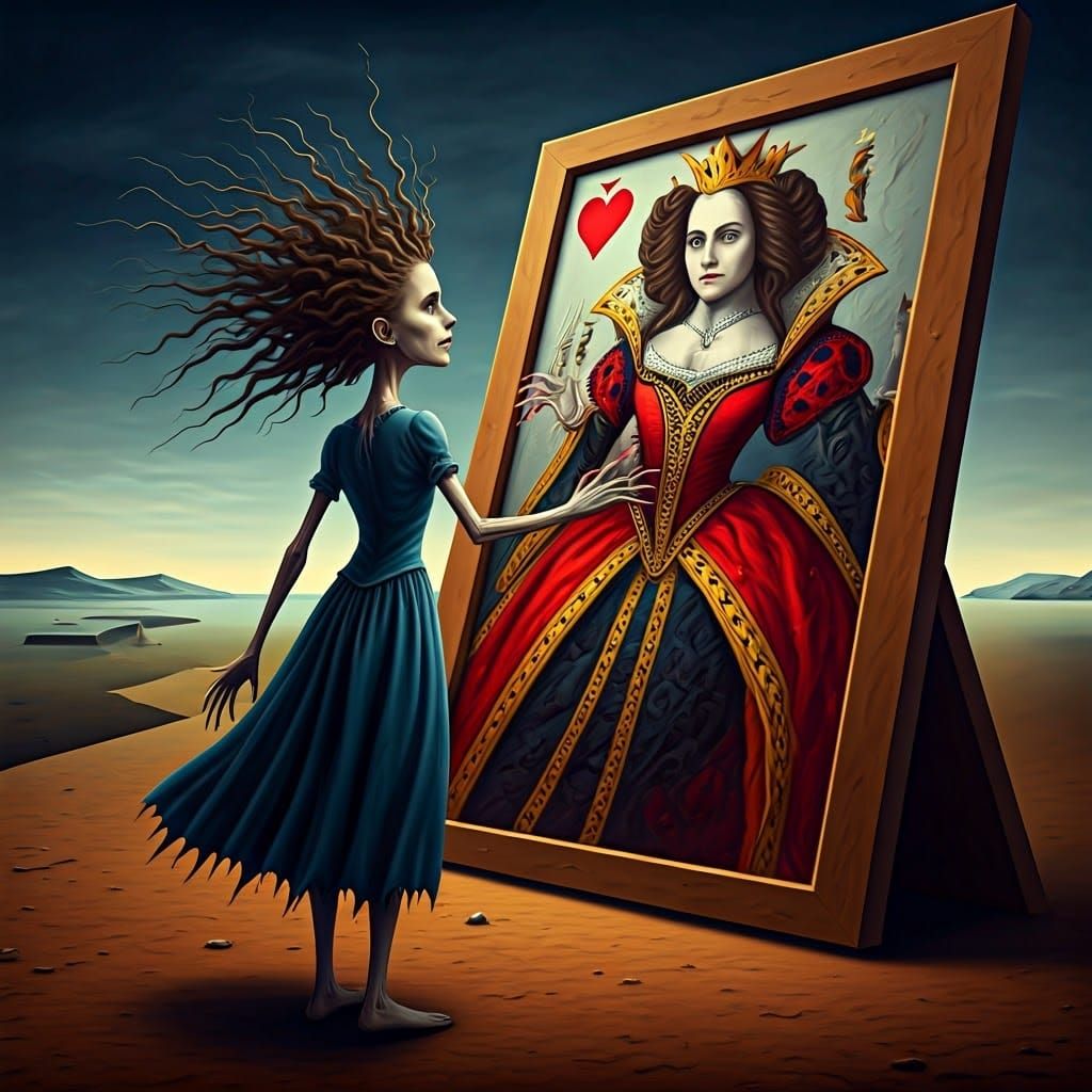 Eerie, macabre, weird illustration of a girl, gaunt, wild tw...