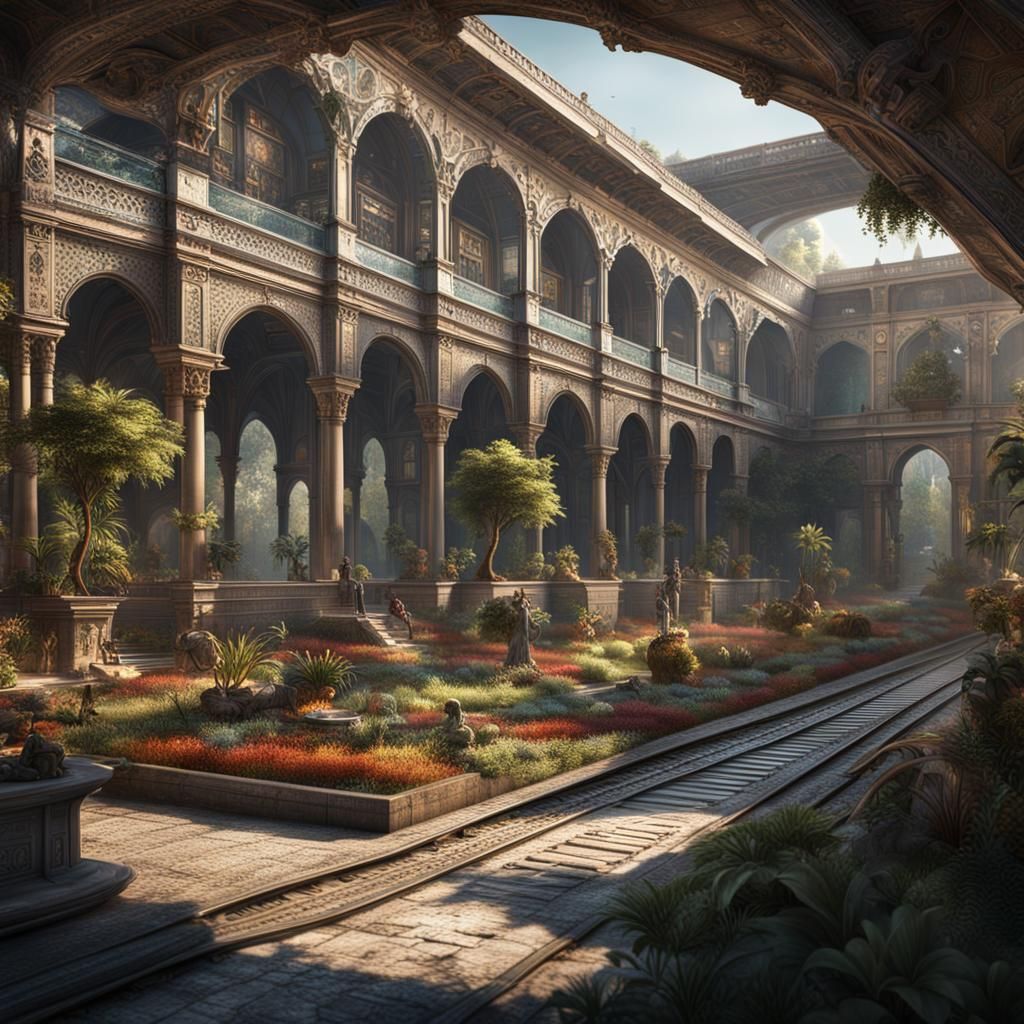 A linear futuristic historical museum with a garden extendin...