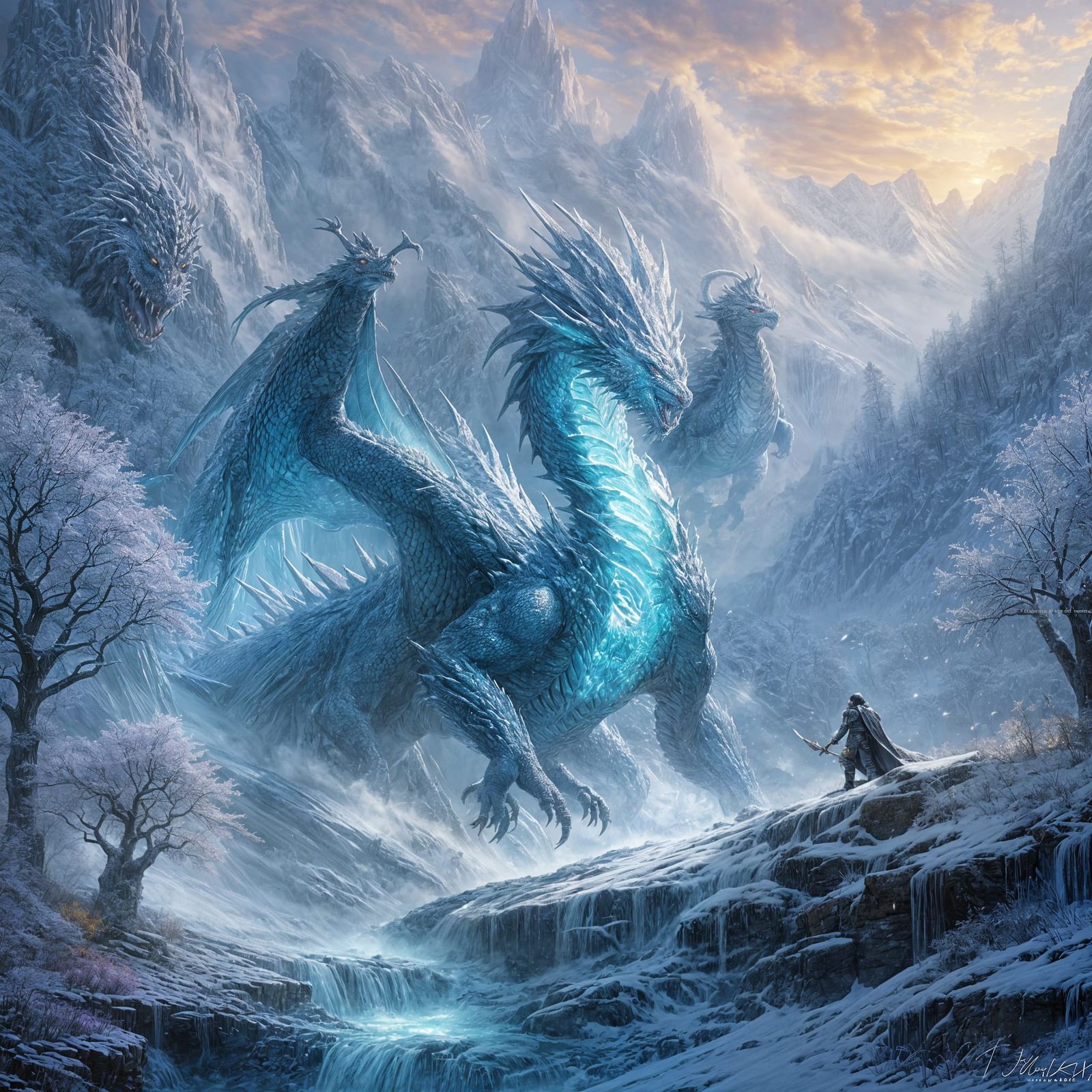 <lora:eye:1.0> Frost dragon in battle, thomas kinkade