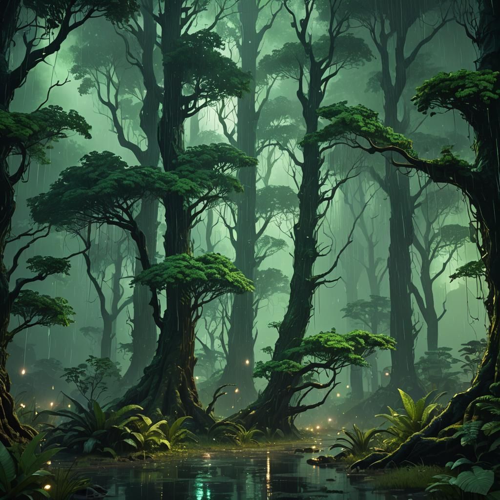 Emerald green rain in a forest at night.