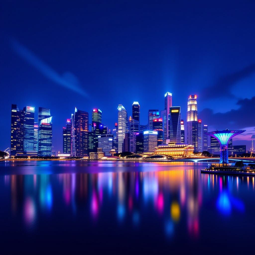 Singapore Night Skyline Panorama Hyperrealistic Digital Matt...